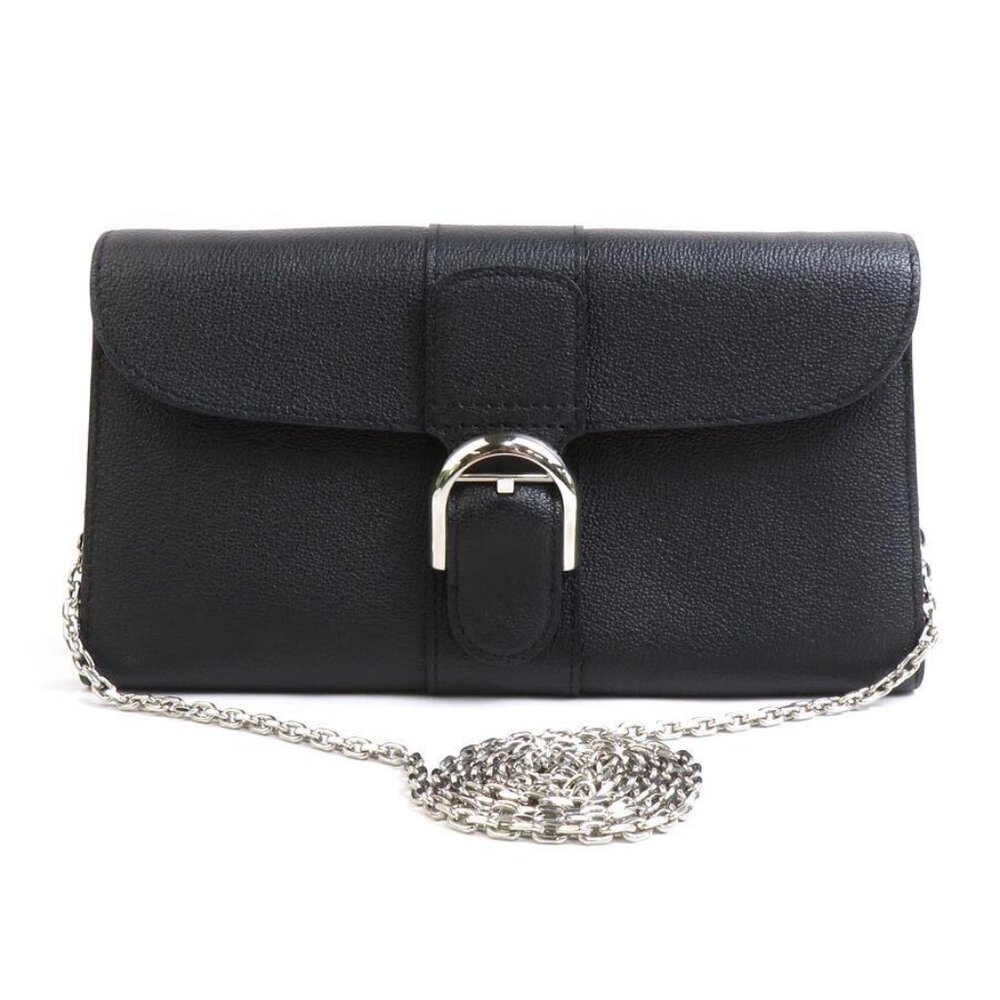 Auth DELVAUX Chain Wallet Crossbody Bag Black/Silver Leather/Metal - 90057a